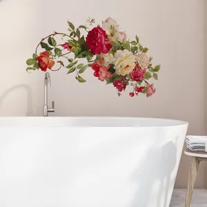 Detail of floral wall stickers with colorful roses on a bathroom wall for home decor