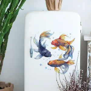Watercolour goldfish wall stickers with bubbles for home decor on white refrigerator