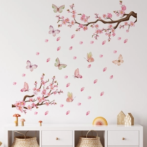 Detailed watercolor cherry blossom wall sticker with pink petals and butterflies on white wall