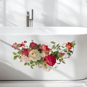 Floral wall stickers featuring vintage roses and vines on a modern white bathtub