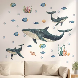 Watercolour ocean wall stickers with blue whales and tropical fish for home decor