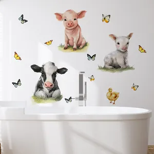 Watercolor farm animal wall decals featuring pig and cow stickers above a bathtub