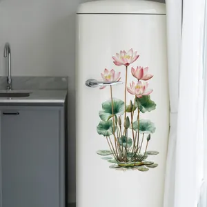 Detail of floral refrigerator stickers with pink lotuses on a vintage cream background