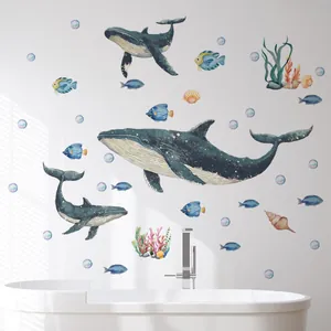 Watercolor humpback whale and sea creature wall decals for bathroom tiles and nursery decor
