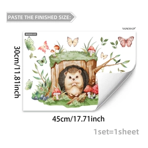 Detail of cute hedgehog and forest mushroom wall sticker with 45x30cm size specs