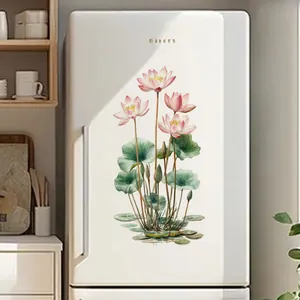 Detailed watercolor lotus flower wall sticker on a white modern kitchen refrigerator