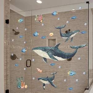 Creative watercolor whale and ocean fish wall stickers for bathroom and home decor