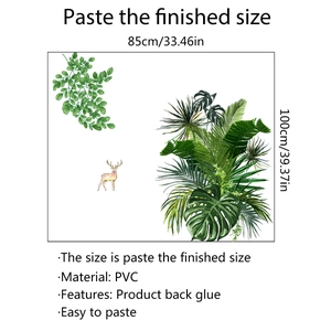 Dettaglio adesivi murali in PVC tropicale con foglie di monstera e cervo 85x100cm