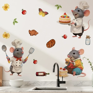 Vue détaillée de stickers muraux de cuisine avec souris cuisinières et illustrations