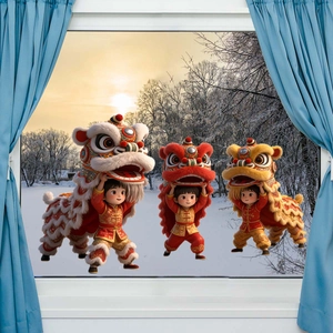 Adesivi per finestre Danza del Leone Cinese con bambini 3D in scenari festivi tipici