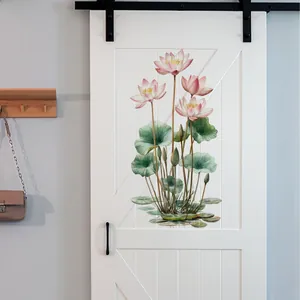 Detailed watercolor pink lotus wall decal applied on a white wooden barn door interior