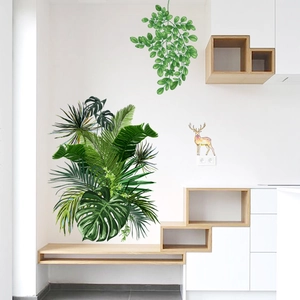 Nordic wall stickers featuring tropical green leaves and watercolor deer for living room decor
