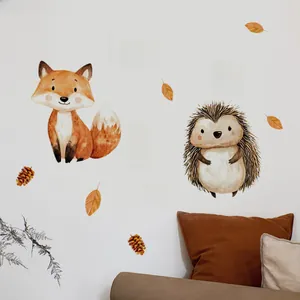 Detail of watercolor forest animal wall stickers featuring a cute fox and hedgehog