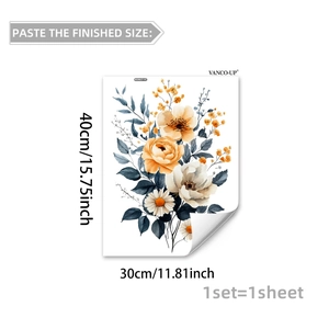 Self-adhesive floral wall sticker with orange flowers and navy leaves, 40x30cm sheet size