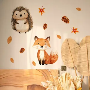 Detail of autumn forest wall stickers featuring watercolor fox, hedgehog and fallen leaves