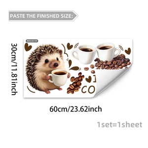 Detail view of coffee and hedgehog kitchen wall stickers with 30x60cm dimensions