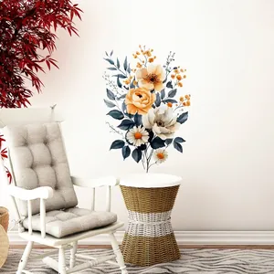 Watercolour floral wall sticker with yellow orange flowers and navy leaves on white wall