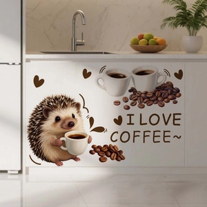 Detail of I Love Coffee kitchen wall sticker featuring cute hedgehog and coffee cups