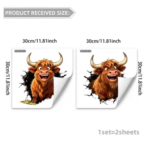 Cartoon Highland Cow wall stickers with 3D cracked wall effect, size 30x30cm, set of 2