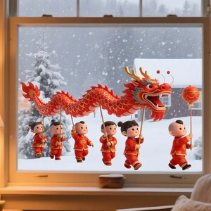 Dettaglio dell'adesivo festivo per vetri con bambini e danza del drago per il Capodanno Cinese
