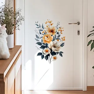Floral wall sticker with yellow peonies and blue leaves on white door for home decor