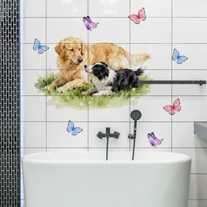 Watercolour style wall stickers showing dogs and butterflies on white bathroom tiles