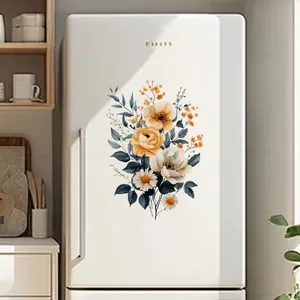 Detailed watercolor floral PVC stickers showing roses and daisies on a white fridge