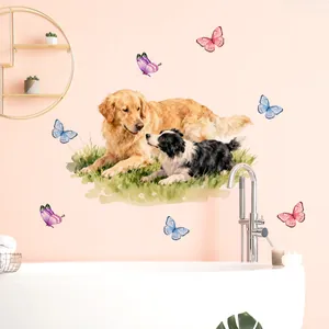 Detailed watercolor wall sticker featuring golden retriever and border collie by the bathtub