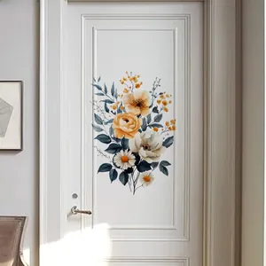 Detail of watercolor floral wall stickers featuring yellow roses on a white door