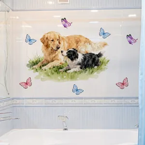 Detail of waterproof wall stickers featuring a Golden Retriever and Border Collie on tiles