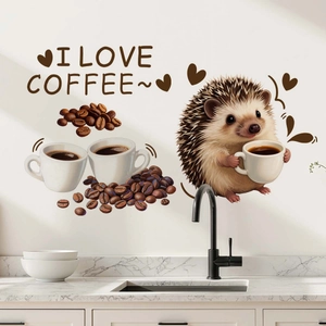 Close-up of kitchen wall sticker with hedgehog, coffee cups, and I Love Coffee text