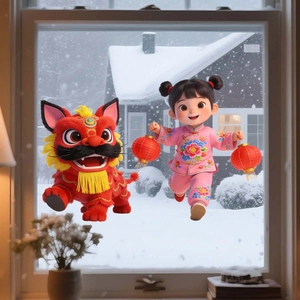 Dettaglio di vetrofanie per il Capodanno Cinese con danza del leone 3D e bimba festosa