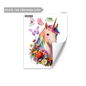 Detailed sheet of unicorn wall decals with floral patterns and butterflies for kids
