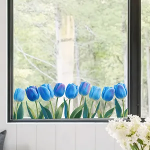 Détail de stickers vitraux tulipes bleues électrostatiques sur verre décoratif