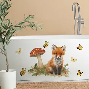 Watercolour forest animal wall stickers with fox and butterflies on white bathtub