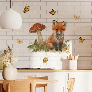 Watercolor animal wall stickers featuring a cute fox, mushroom, and yellow butterflies