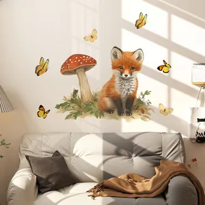 Detail of watercolor baby fox, mushroom and yellow butterflies wall stickers in living room