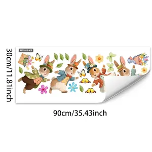 Detailed sheet of cartoon rabbit wall decals with flowers and green leaves 30x90cm size