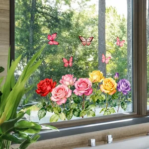 Détail des stickers statiques pour vitres motif jardin de roses et papillons colorés