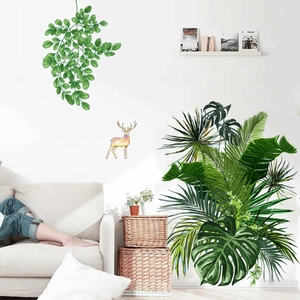 Nordic style wall decals featuring tropical monstera leaves and watercolor deer for decor