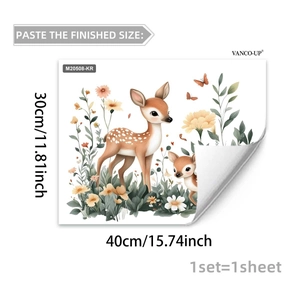 Cartoon deer and green plants watercolor wall sticker for bedroom and living room decor