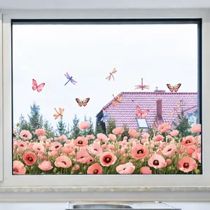 Détail du film statique pour fenêtre avec pavots roses à l'aquarelle et papillons sur verre