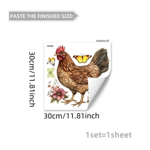 Adhesive wall sticker featuring vibrant rooster, butterflies and pink flowers 30x30cm