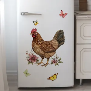 Detailed realistic hen and pink flower stickers applied on a clean white refrigerator