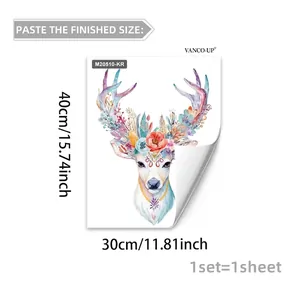 Detailed view of watercolor deer head wall sticker with floral antlers, 30x40cm size