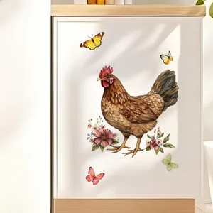 Detail of floral wall stickers with hen and colorful butterflies on white cabinet