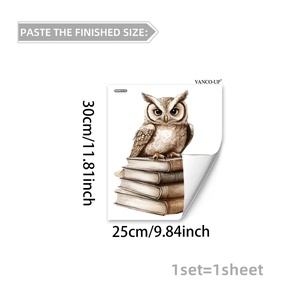 Detailed dimension guide for vintage owl on books wall sticker 30cm by 25cm