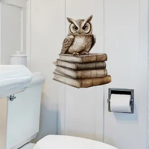 Detailed watercolor owl wall sticker with vintage books on a white bathroom panel background