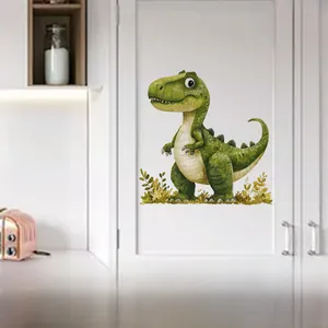 Detailed view of green watercolor dinosaur wall sticker on a white kitchen cabinet door