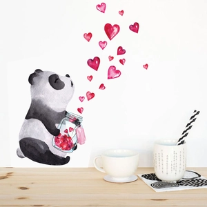 Adesivo murale con panda ad acquerello dipinto a mano e cuori rossi per la casa